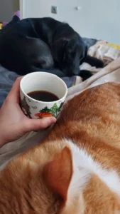 MIilitsa Chervenkova drinking coffee with her cat and dog